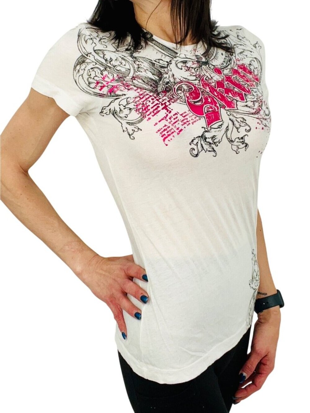 RARE Vintage 90s SKIN Fitted Metallic Tattoo Graphic Logo Tee | Y2K - Picture 3 of 16